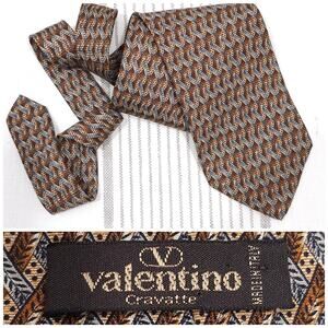 VALENTINO‎ Silk Neck Tie Handmade Brown Grey Made in Italy Geometric Pattern